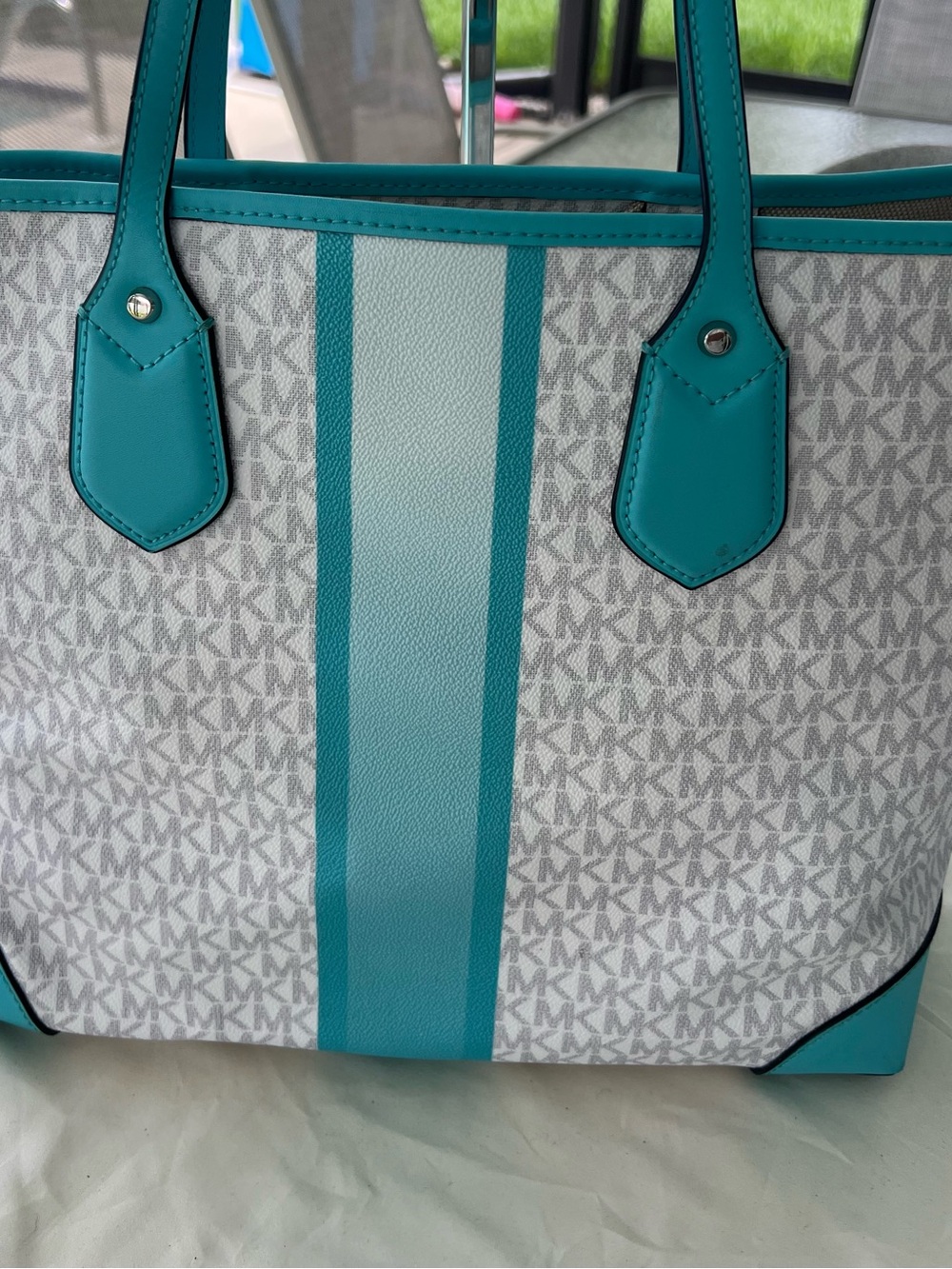 Michael Kors Turquoise Stripe MK EVA Signature Tote - Picture 6 of 8